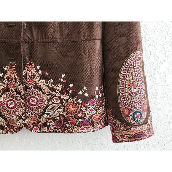 Jacket-Coldwater Creek-Brown-Suede Look-Embroidery-Long Sleeves-Button Up-Sz 12 - Picture 4 of 16